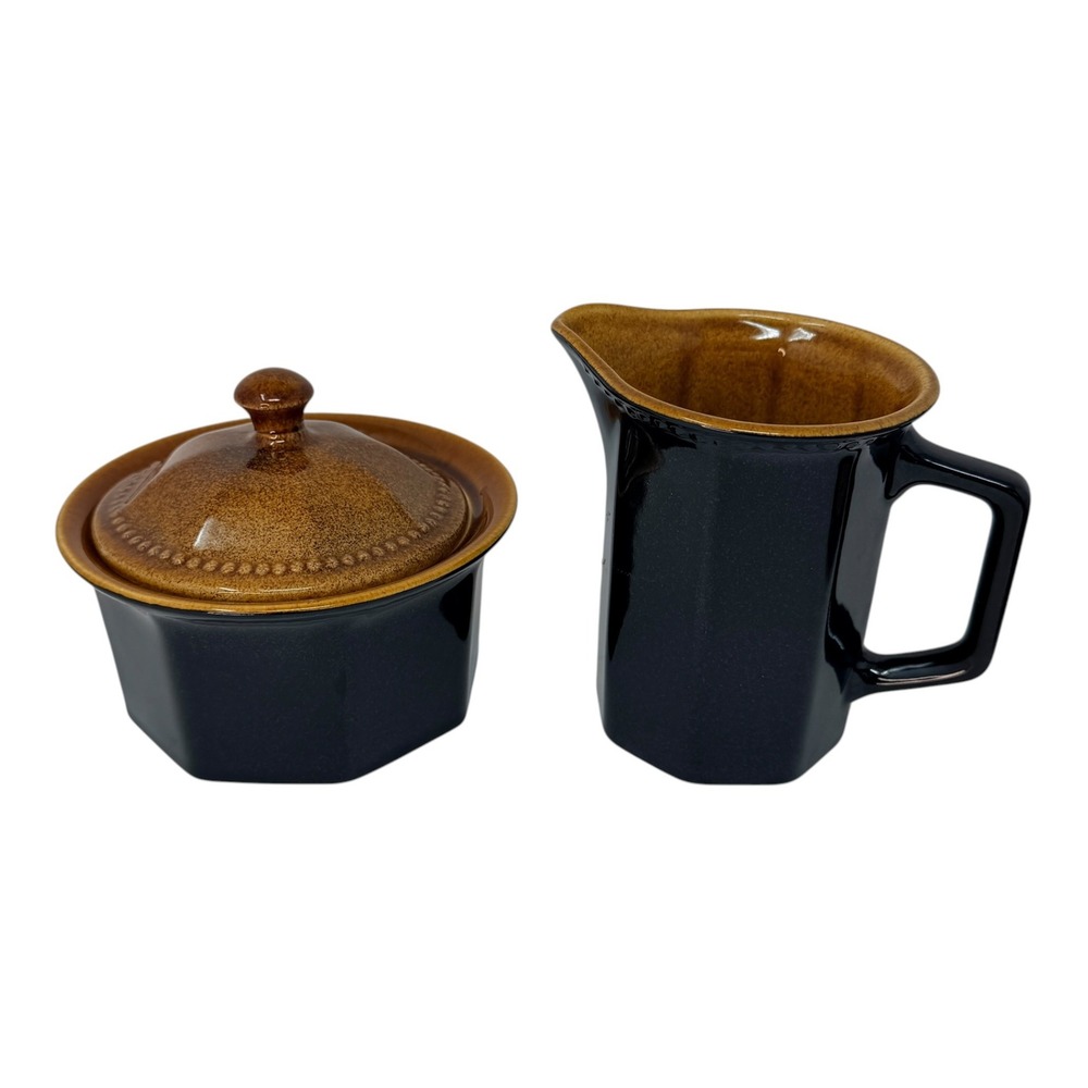 Sears Sugar Creamer Set Octagon‎ Amber Ironstone Brown 1970s Vintage 2pc Beaded